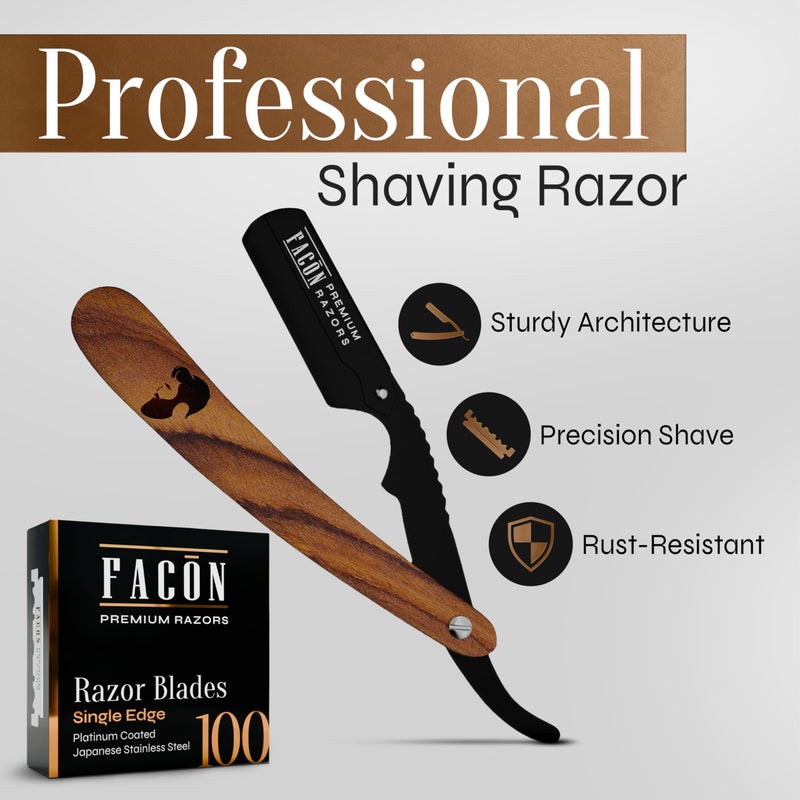 FACON FacÃ³n Straight Razors for Men - Professional Barber Straight Edge Razor Kit with 100 Blades, Wooden Stainless Steel Barbero Shaver for a Smooth & Precise Shave, Premium Barber Razor for Men's Shaving - Image 2